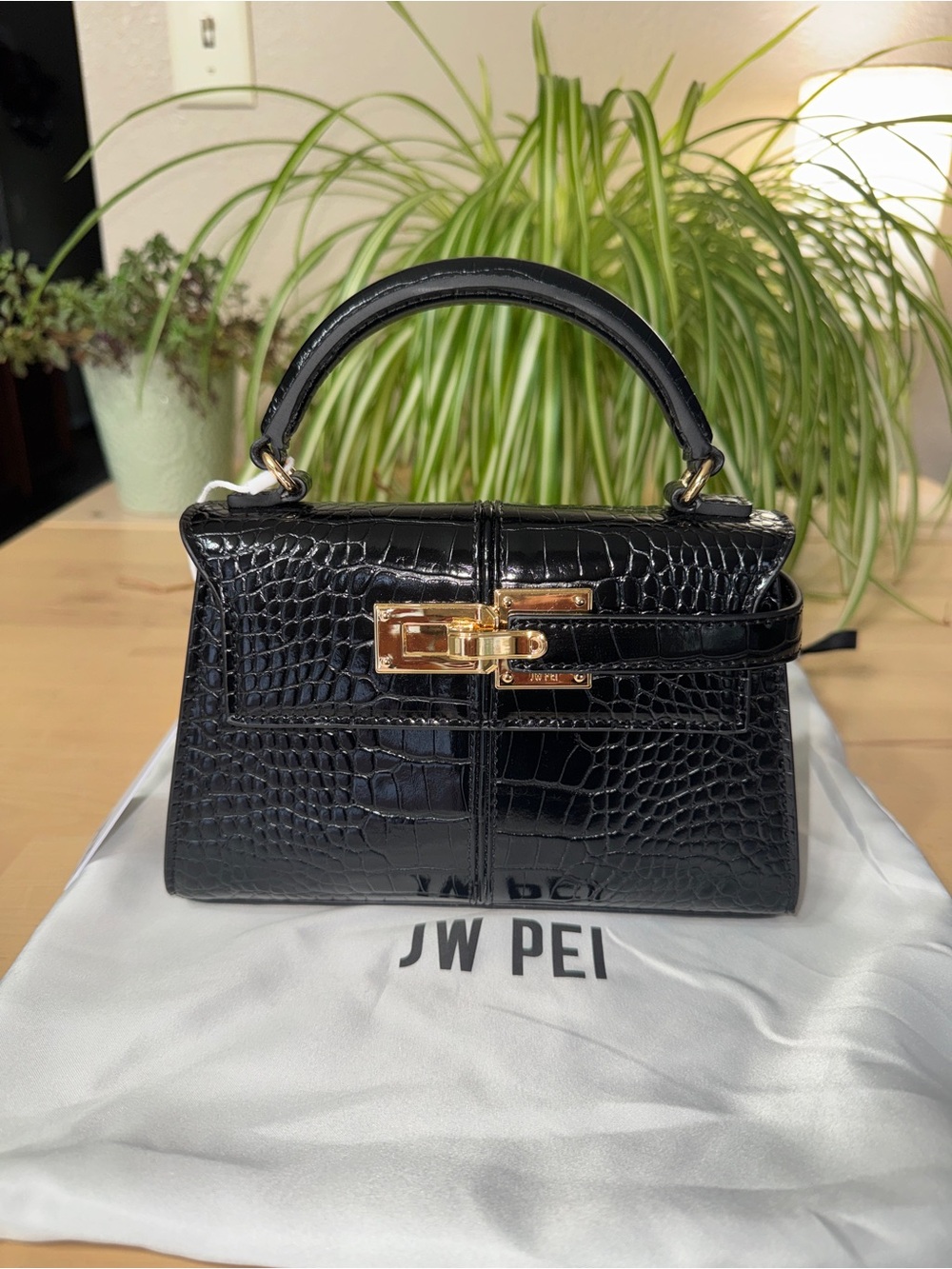 JW PEI Black Croc-Embossed Elise Mini Top Handle Bag with Gold Hardware